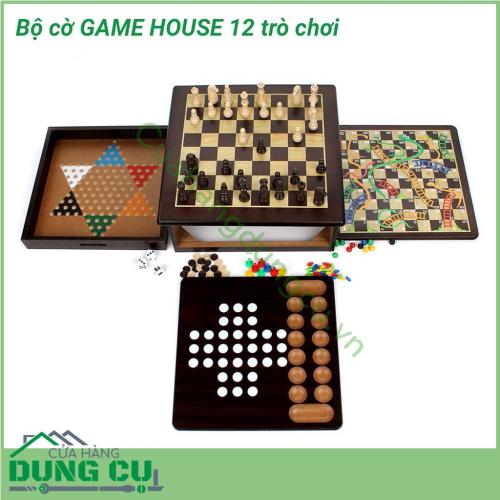 Bộ 12 trò chơi Game House với nhiều trò chơi hấp dẫn như: Cờ vua, Cờ caro, Ván bài ngửa, Mancala, Tic-Tac-Toe, Sternhalma, Rắn & Thang, Ludo (Pachisi), Solitaire, Đua xúc xắc, gói gọn trong hộp gỗ tiết kiệm không gian.