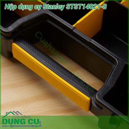 Hộp đựng đồ nghề Stanley STST14021-8 được làm từ chất liệu nhựa cao cấp, dẻo dai có khả năng chịu được va đập tốt. Thiết kế nắp đặt biệt với 2 khóa 2 bên và 2 khóa phía trước giúp phần nắp cực kỳ chắc chắn và chống xáo trộn tuyệt đối.