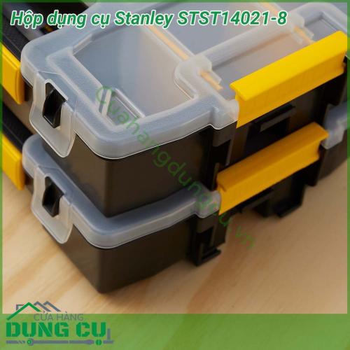 Hộp đựng đồ nghề Stanley STST14021-8 được làm từ chất liệu nhựa cao cấp, dẻo dai có khả năng chịu được va đập tốt. Thiết kế nắp đặt biệt với 2 khóa 2 bên và 2 khóa phía trước giúp phần nắp cực kỳ chắc chắn và chống xáo trộn tuyệt đối.