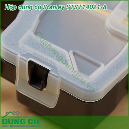 Hộp đựng đồ nghề Stanley STST14021-8 được làm từ chất liệu nhựa cao cấp, dẻo dai có khả năng chịu được va đập tốt. Thiết kế nắp đặt biệt với 2 khóa 2 bên và 2 khóa phía trước giúp phần nắp cực kỳ chắc chắn và chống xáo trộn tuyệt đối.