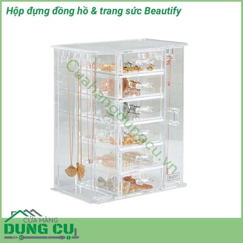 Hộp đựng đồng hồ & trang sức Beautify thiết kế trẻ trung, năng động. Hộp đựng trong suốt chắc chắn với nhiều ngăn giúp bảo quản trang sức, đồng hồ của bạn tránh khỏi trầy xước bụi bẩn, mối mọt, côn trùng, đồng thời cũng sắp xếp chúng gọn gàng, ngăn nắp.