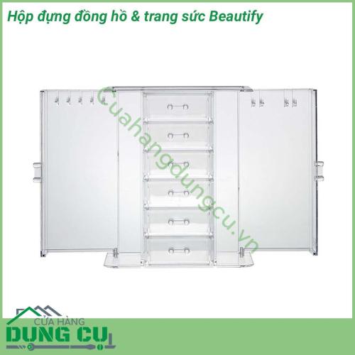 Hộp đựng đồng hồ & trang sức Beautify thiết kế trẻ trung, năng động. Hộp đựng trong suốt chắc chắn với nhiều ngăn giúp bảo quản trang sức, đồng hồ của bạn tránh khỏi trầy xước bụi bẩn, mối mọt, côn trùng, đồng thời cũng sắp xếp chúng gọn gàng, ngăn nắp.