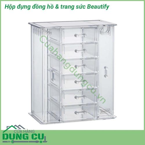 Hộp đựng đồng hồ & trang sức Beautify thiết kế trẻ trung, năng động. Hộp đựng trong suốt chắc chắn với nhiều ngăn giúp bảo quản trang sức, đồng hồ của bạn tránh khỏi trầy xước bụi bẩn, mối mọt, côn trùng, đồng thời cũng sắp xếp chúng gọn gàng, ngăn nắp.