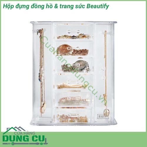 Hộp đựng đồng hồ & trang sức Beautify thiết kế trẻ trung, năng động. Hộp đựng trong suốt chắc chắn với nhiều ngăn giúp bảo quản trang sức, đồng hồ của bạn tránh khỏi trầy xước bụi bẩn, mối mọt, côn trùng, đồng thời cũng sắp xếp chúng gọn gàng, ngăn nắp.