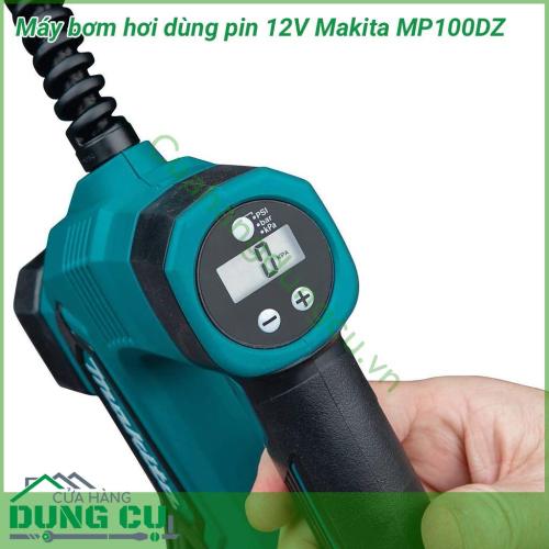 Máy bơm hơi dùng pin 12V Makita MP100DZ thiết kế gọn nhẹ với khả năng bơm tối đa lên tới 10L/ phút. Máy nhẹ, rất tiện lợi mang theo trong những chuyến đi. Thân máy có đồng hồ điện tử thông báo, có đèn chiếu sáng, sử dụng khi thiếu ánh sáng.