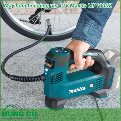 Máy bơm hơi dùng pin 12V Makita MP100DZ thiết kế gọn nhẹ với khả năng bơm tối đa lên tới 10L/ phút. Máy nhẹ, rất tiện lợi mang theo trong những chuyến đi. Thân máy có đồng hồ điện tử thông báo, có đèn chiếu sáng, sử dụng khi thiếu ánh sáng.