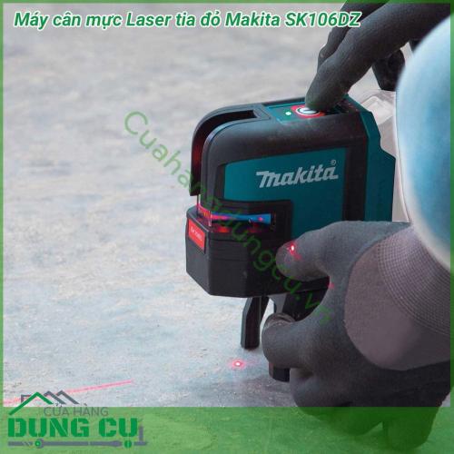 Máy cân mực laser tia đỏ Makita SK106DZ phát 2 tia laser đỏ, hoạt động bằng pin 12Vmax. Máy thiết kế nhỏ gọn, trọng lượng nhẹ dễ dàng mang theo sử dụng. Máy cung cấp đường đo rõ ràng, xác định điểm cân bằng nhanh, cho hiệu quả công việc cao