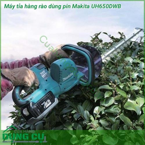 Máy tỉa hàng rào dùng pin Makita UH650DWB công suất hoạt động tương đối cao, chiều dài lưỡi cưa 650mm. Máy có thiết kế vô cùng gọn nhẹ và chắc chắn có thể cầm tay sử dụng rất linh hoạt. Vỏ máy được làm từ nhựa cao cấp, không gỉ sét, tay cầm êm ái.