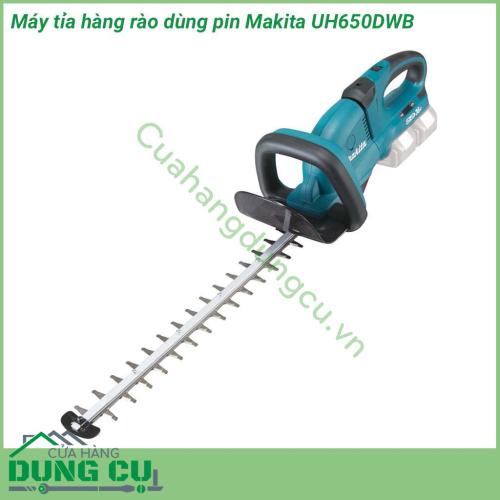 Máy tỉa hàng rào dùng pin Makita UH650DWB công suất hoạt động tương đối cao, chiều dài lưỡi cưa 650mm. Máy có thiết kế vô cùng gọn nhẹ và chắc chắn có thể cầm tay sử dụng rất linh hoạt. Vỏ máy được làm từ nhựa cao cấp, không gỉ sét, tay cầm êm ái.