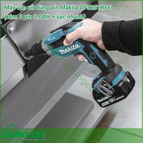 Trọn bộ máy vặn vít dùng pin Makita DFS251RFE mang kiểu dáng nhỏ gọn, bền chắc, có khả năng chịu được va đập, chịu nhiệt, chống mài mòn tốt. Với tay cầm thon gọn được bọc cao su nâng cao hiệu quả chống trượt để tạo tắc bắn vặn vít nhanh chóng, an toàn. 