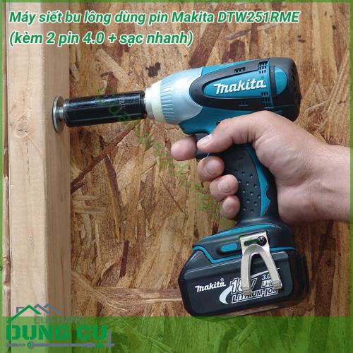 Máy siết bu lông dùng pin Makita DTW251RME có dung lượng lớn nên hiệu suất làm việc cao cùng thời gian sử dụng lâu bền. Với lực siết cao 230 N.m nên máy có thể siết được các loại ốc vít một cách nhanh chóng, dễ dàng. 