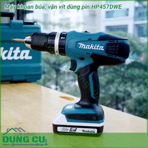 Máy khoan búa, vặn vít dùng pin Makita HP457DWE sử dụng điện thế pin 18V, cho khả năng khoan lỗ trên nhiều chất liệu khác nhau. Nổi trội với khả năng khoan và bắt vít nhanh chóng, hiệu suất làm việc cao, đồng thời lại dễ sử dụng.