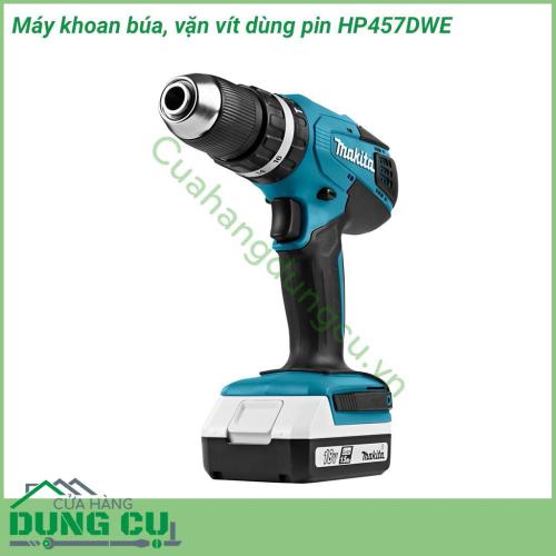 Máy khoan búa, vặn vít dùng pin Makita HP457DWE sử dụng điện thế pin 18V, cho khả năng khoan lỗ trên nhiều chất liệu khác nhau. Nổi trội với khả năng khoan và bắt vít nhanh chóng, hiệu suất làm việc cao, đồng thời lại dễ sử dụng.