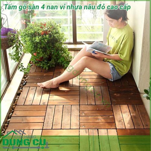 Tấm gỗ sàn nâu đỏ 4 nan vỉ nhựa cao cấp không cong vênh, không mối mọt. Lắp đặt đơn giản nhờ hệ thống khóa liên kết, dễ dàng vệ sinh. Chống nước, chống trơn trượt hiệu quả. Sản phẩm đem lại không gian sạch sẽ và sang trọng cho căn nhà của bạn