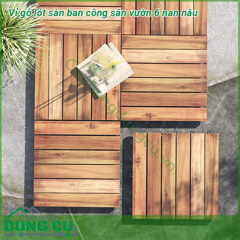 Vỉ gỗ lót sàn ban công sân vườn 6 nan nâu được thiết kế rãnh chống trơn trượt. Dầu phủ bảo vệ gỗ, chống thấm nước. Độ ổn định cao trong điều kiện nước mưa và dưới ánh nắng mặt trời.