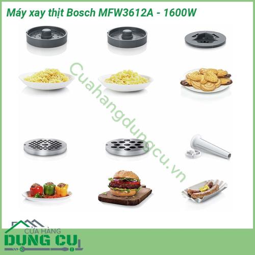 Máy xay thịt Bosch MFW3612A-1600W thiết kế nhỏ gọn, tinh tế, máy có công suất cực đại lên đến 1600W. Động cơ mạnh mẽ, có thể xay được 60-70kg thịt/giờ, phù hợp với cả hàng, quán ăn, đơn vị sản xuất giò chả…