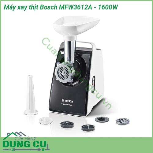 Máy xay thịt Bosch MFW3612A-1600W thiết kế nhỏ gọn, tinh tế, máy có công suất cực đại lên đến 1600W. Động cơ mạnh mẽ, có thể xay được 60-70kg thịt/giờ, phù hợp với cả hàng, quán ăn, đơn vị sản xuất giò chả…