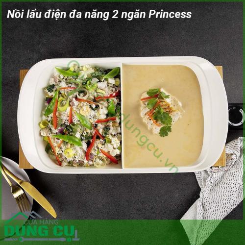 Nồi lẩu điện đa năng 2 ngăn Princess với thiết kế 2 ngăn riêng biệt, có thể chế biến với 2 loại nước lẩu khác nhau. Kiểu dáng đẹp, sang trọng, tay cầm vững chắc, nhẹ và cách nhiệt cách điện đem lại sự an toàn tuyệt đối cho các bà nội trợ