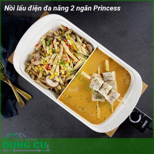 Nồi lẩu điện đa năng 2 ngăn Princess với thiết kế 2 ngăn riêng biệt, có thể chế biến với 2 loại nước lẩu khác nhau. Kiểu dáng đẹp, sang trọng, tay cầm vững chắc, nhẹ và cách nhiệt cách điện đem lại sự an toàn tuyệt đối cho các bà nội trợ