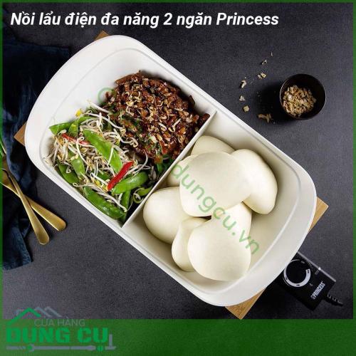 Nồi lẩu điện đa năng 2 ngăn Princess với thiết kế 2 ngăn riêng biệt, có thể chế biến với 2 loại nước lẩu khác nhau. Kiểu dáng đẹp, sang trọng, tay cầm vững chắc, nhẹ và cách nhiệt cách điện đem lại sự an toàn tuyệt đối cho các bà nội trợ