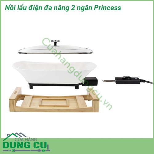 Nồi lẩu điện đa năng 2 ngăn Princess với thiết kế 2 ngăn riêng biệt, có thể chế biến với 2 loại nước lẩu khác nhau. Kiểu dáng đẹp, sang trọng, tay cầm vững chắc, nhẹ và cách nhiệt cách điện đem lại sự an toàn tuyệt đối cho các bà nội trợ