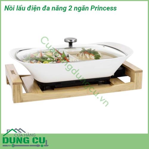 Nồi lẩu điện đa năng 2 ngăn Princess với thiết kế 2 ngăn riêng biệt, có thể chế biến với 2 loại nước lẩu khác nhau. Kiểu dáng đẹp, sang trọng, tay cầm vững chắc, nhẹ và cách nhiệt cách điện đem lại sự an toàn tuyệt đối cho các bà nội trợ