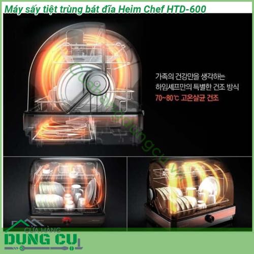 Máy sấy tiệt trùng bát đĩa Heim Chef HTD-600 dung tích 45L, chất liệu thép không rỉ SUS bền chắc. Máy sấy tiệt trùng ở nhiệt độ 70-80 độ C, đảm bảo vi khuẩn được diệt sạch. Tiết kiệm điện năng và vận hành dễ dàng