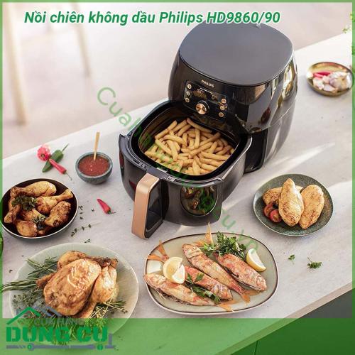 Nồi chiên không dầu Philips HD9860 90 công suất lớn cùng công nghệ cảm biến thông minh tự động điều chỉnh thời gian và nhiệt độ  cho ra món ăn hoàn hảo tròn vị đúng ý mà không cần căn chỉnh hay canh nồi