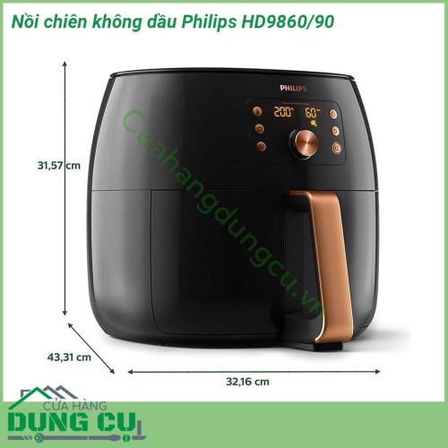 Nồi chiên không dầu Philips HD9860 90 công suất lớn cùng công nghệ cảm biến thông minh tự động điều chỉnh thời gian và nhiệt độ  cho ra món ăn hoàn hảo tròn vị đúng ý mà không cần căn chỉnh hay canh nồi