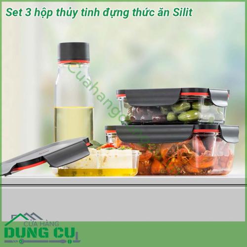 Set 3 hộp thủy tinh đựng thức ăn Silit làm bằng thủy tinh cao cấp chịu nhiệt  100 chặt kín ko đổ ra ngoài kể cả đựng chất lỏng khi di chuyển  