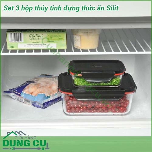 Set 3 hộp thủy tinh đựng thức ăn Silit làm bằng thủy tinh cao cấp chịu nhiệt  100 chặt kín ko đổ ra ngoài kể cả đựng chất lỏng khi di chuyển  