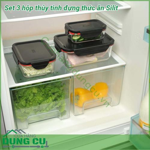 Set 3 hộp thủy tinh đựng thức ăn Silit làm bằng thủy tinh cao cấp chịu nhiệt  100 chặt kín ko đổ ra ngoài kể cả đựng chất lỏng khi di chuyển  