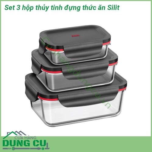 Set 3 hộp thủy tinh đựng thức ăn Silit làm bằng thủy tinh cao cấp chịu nhiệt  100 chặt kín ko đổ ra ngoài kể cả đựng chất lỏng khi di chuyển  