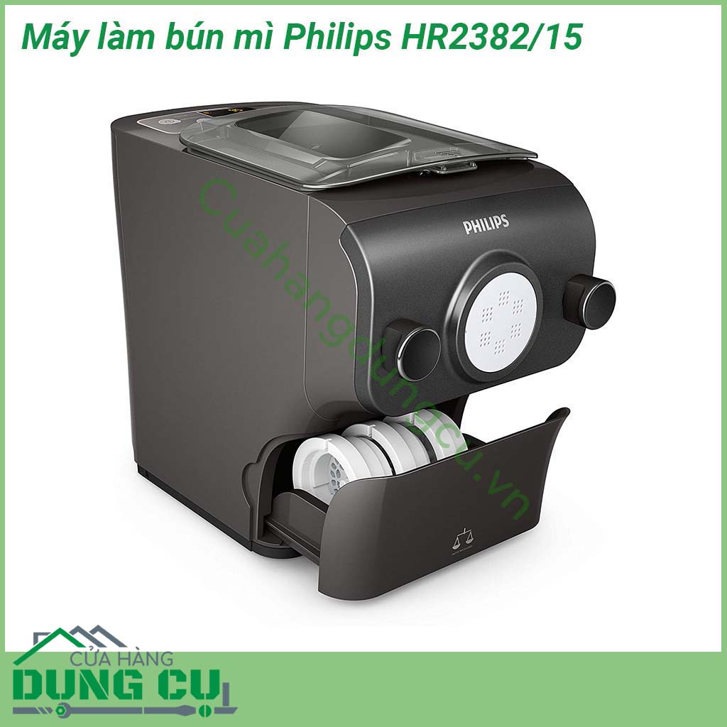 Máy làm bún mì Philips HR2382 15 thiết kế nhỏ gọn tinh tế  Máy kèm theo 8 loại khuôn cho ra 8 loại hình dạng mì khác nhau Với động cơ mạnh mẽ hoạt động hoàn toàn tự động máy làm bún Philips cho phép chuẩn bị 2-3 phần ăn chỉ trong 10 phút