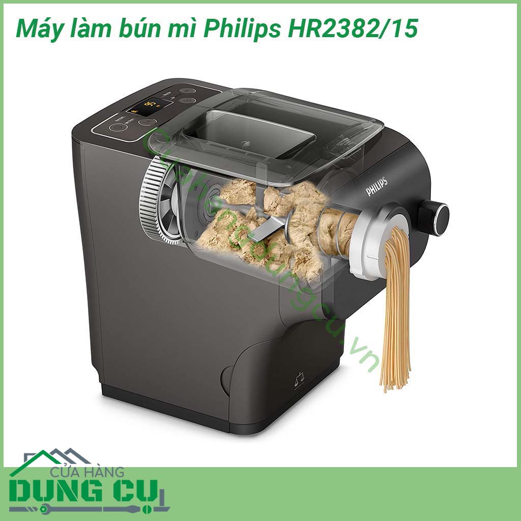 Máy làm bún mì Philips HR2382 15 thiết kế nhỏ gọn tinh tế  Máy kèm theo 8 loại khuôn cho ra 8 loại hình dạng mì khác nhau Với động cơ mạnh mẽ hoạt động hoàn toàn tự động máy làm bún Philips cho phép chuẩn bị 2-3 phần ăn chỉ trong 10 phút
