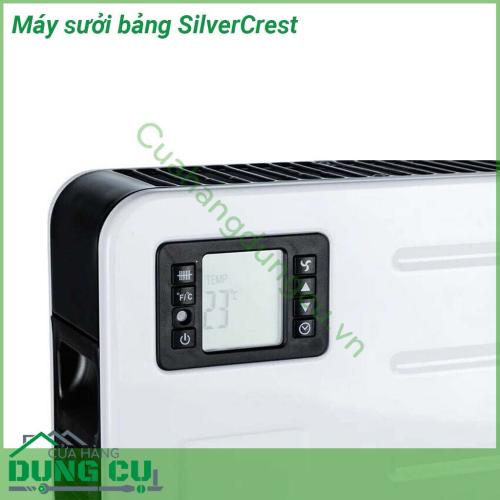 Máy sưởi bảng SilverCrest được thiết kế gọn xinh có thể treo trên tường hoặc dưới đất Máy có công suất mạnh mẽ hoạt động êm ái không gây tiếng ồn