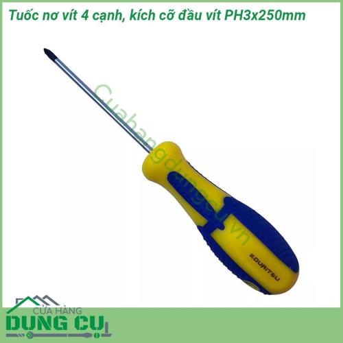 Tuốc nơ vít 4 cạnh Kouritsu PH3x250mm được làm từ chất liệu cao cấp Thép mạ crôm vanadium được xử lý nhiệt chân không đảm bảo hiệu suất sử dụng ổn định  Tay cầm được làm bằng vật liệu PP + TPR cảm giác tay thoải mái đặc biệt chống trơn trượt khi sử dụng