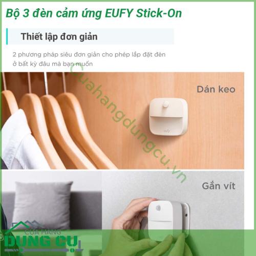 Bộ 3 đèn cảm ứng chiếu sáng Eufy Stick-On trắng ấm cảm biến chuyển động sử dụng cho phòng ngủ phòng tắm nhà bếp hành lang cầu thang tiết kiệm năng lượng thiết kế nhỏ gọn  