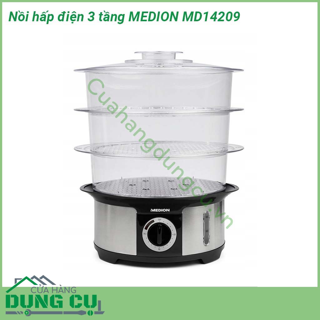 Nồi hấp điện 3 tầng MEDION MD14209 được thiết kế 3 tầng với khả năng hấp được nhiều món 1 lần tiết kiệm thời gian nấu nướng và điện năng  