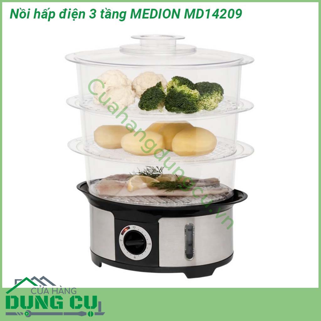 Nồi hấp điện 3 tầng MEDION MD14209 được thiết kế 3 tầng với khả năng hấp được nhiều món 1 lần tiết kiệm thời gian nấu nướng và điện năng  