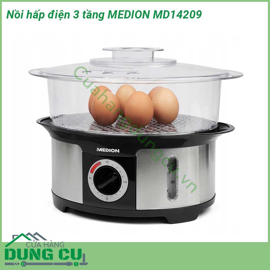 Nồi hấp điện 3 tầng MEDION MD14209 được thiết kế 3 tầng với khả năng hấp được nhiều món 1 lần tiết kiệm thời gian nấu nướng và điện năng  