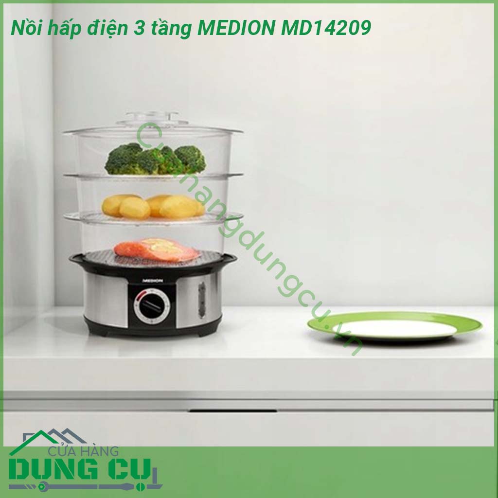 Nồi hấp điện 3 tầng MEDION MD14209 được thiết kế 3 tầng với khả năng hấp được nhiều món 1 lần tiết kiệm thời gian nấu nướng và điện năng  