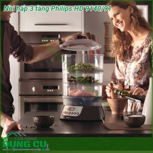 Nồi hấp 3 tầng Philips HD 9140 91 được thiết kế độc đáo tiện dụng Nồi hấp 3 tầng Philips HD9140 có công suất hoạt động 900W thân nồi được làm từ nhựa cao cấp với 3 tầng giúp bạn hấp được nhiều loại thực phẩm khác nhaunhư rau củ cá thịt