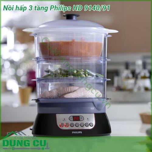 Nồi hấp 3 tầng Philips HD 9140 91 được thiết kế độc đáo tiện dụng Nồi hấp 3 tầng Philips HD9140 có công suất hoạt động 900W thân nồi được làm từ nhựa cao cấp với 3 tầng giúp bạn hấp được nhiều loại thực phẩm khác nhaunhư rau củ cá thịt