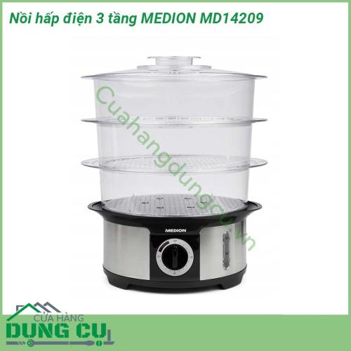 Nồi hấp điện 3 tầng MEDION MD14209 được thiết kế 3 tầng với khả năng hấp được nhiều món 1 lần tiết kiệm thời gian nấu nướng và điện năng