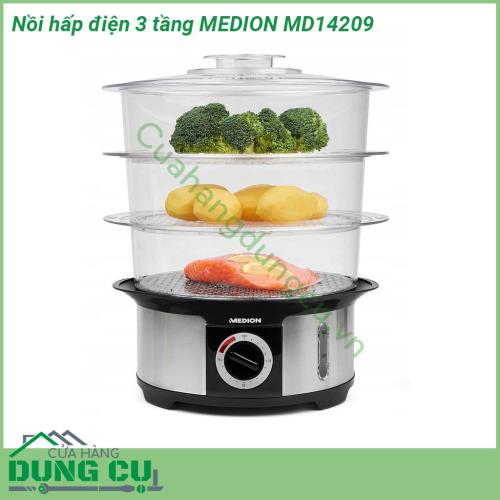 Nồi hấp điện 3 tầng MEDION MD14209 được thiết kế 3 tầng với khả năng hấp được nhiều món 1 lần tiết kiệm thời gian nấu nướng và điện năng