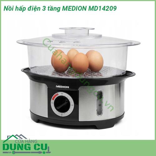 Nồi hấp điện 3 tầng MEDION MD14209 được thiết kế 3 tầng với khả năng hấp được nhiều món 1 lần tiết kiệm thời gian nấu nướng và điện năng