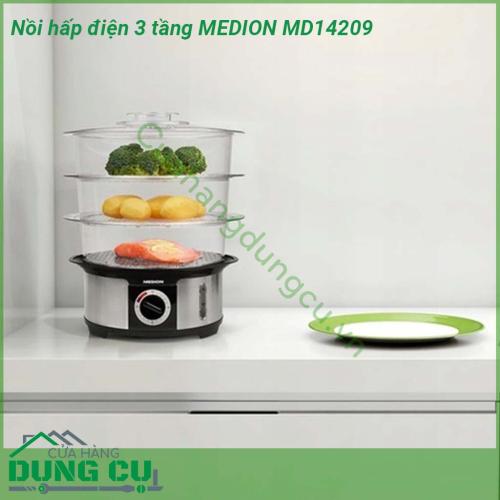Nồi hấp điện 3 tầng MEDION MD14209 được thiết kế 3 tầng với khả năng hấp được nhiều món 1 lần tiết kiệm thời gian nấu nướng và điện năng