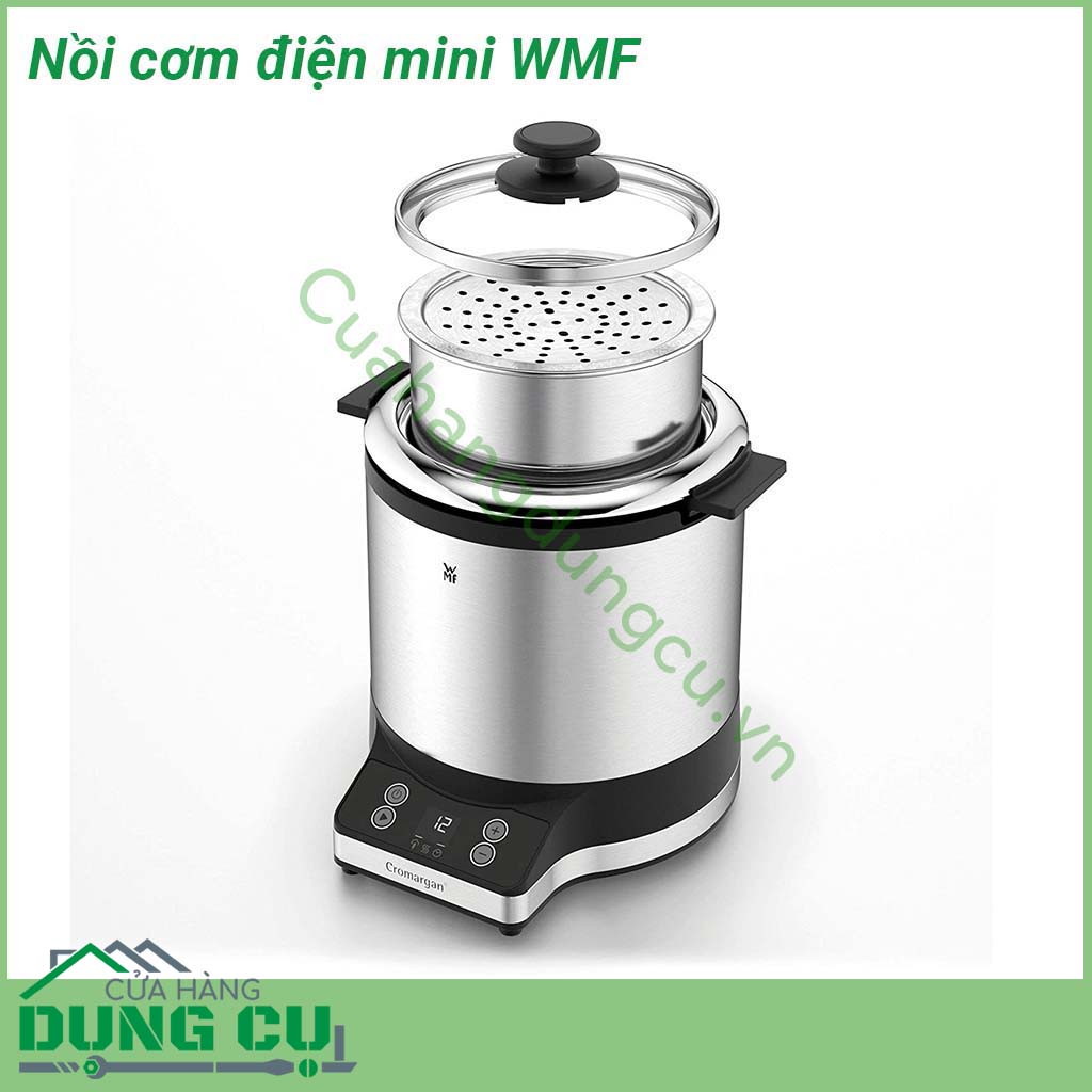 Nồi cơm điện mini đa năng WMF kích thước nhỏ gọn với dung tích là 1 lít  Chất liệu cao cấp an toàn tuyệt đối với sức khỏe người tiêu dùng  Lõi nồi chống dính cao cấp Vung nồi bằng thủy tinh trong suốt dễ quan sát trong lúc nấu ăn quai cầm cách nhiệt