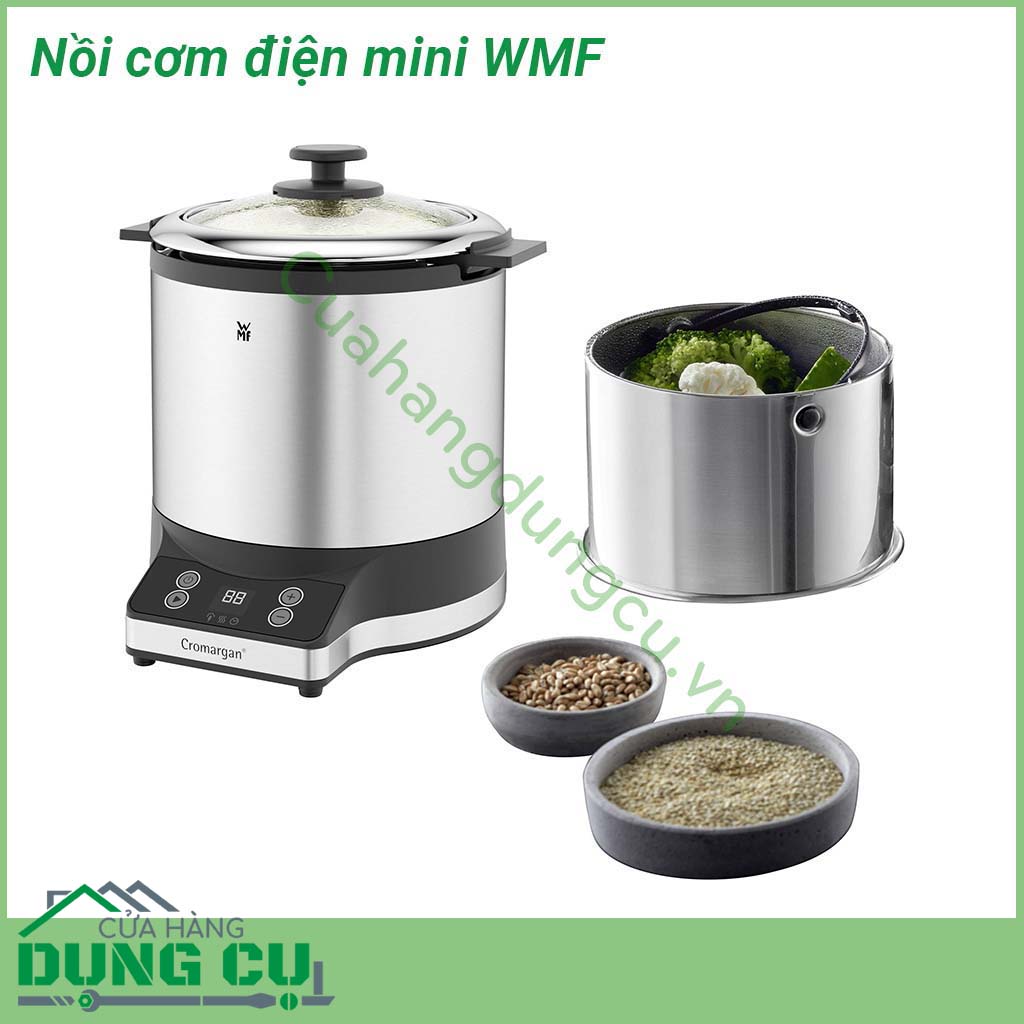 Nồi cơm điện mini đa năng WMF kích thước nhỏ gọn với dung tích là 1 lít  Chất liệu cao cấp an toàn tuyệt đối với sức khỏe người tiêu dùng  Lõi nồi chống dính cao cấp Vung nồi bằng thủy tinh trong suốt dễ quan sát trong lúc nấu ăn quai cầm cách nhiệt